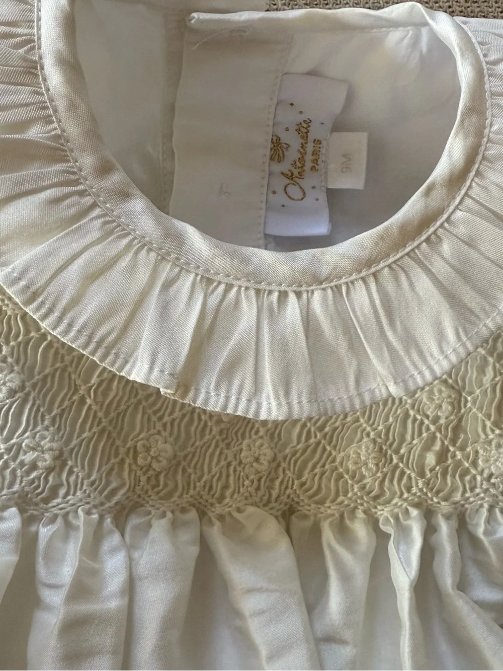 Antoinette Paris Baby Bubble Romper 9M Smocked Ceremony Christening Silk Blend
